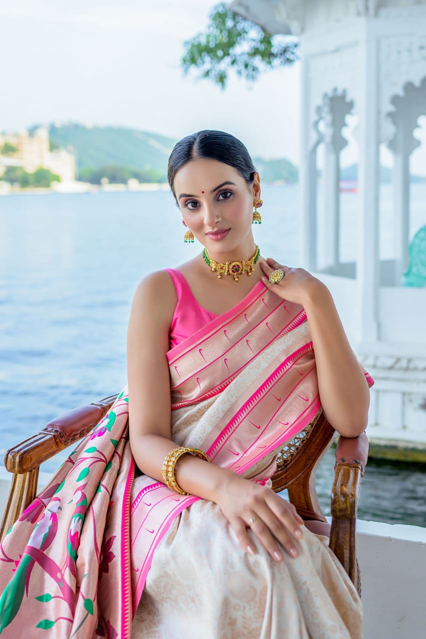 Ivory Cream Soft Kanjivaram Silk Saree with Pink Contrast Border & Rich Paithani Pallu