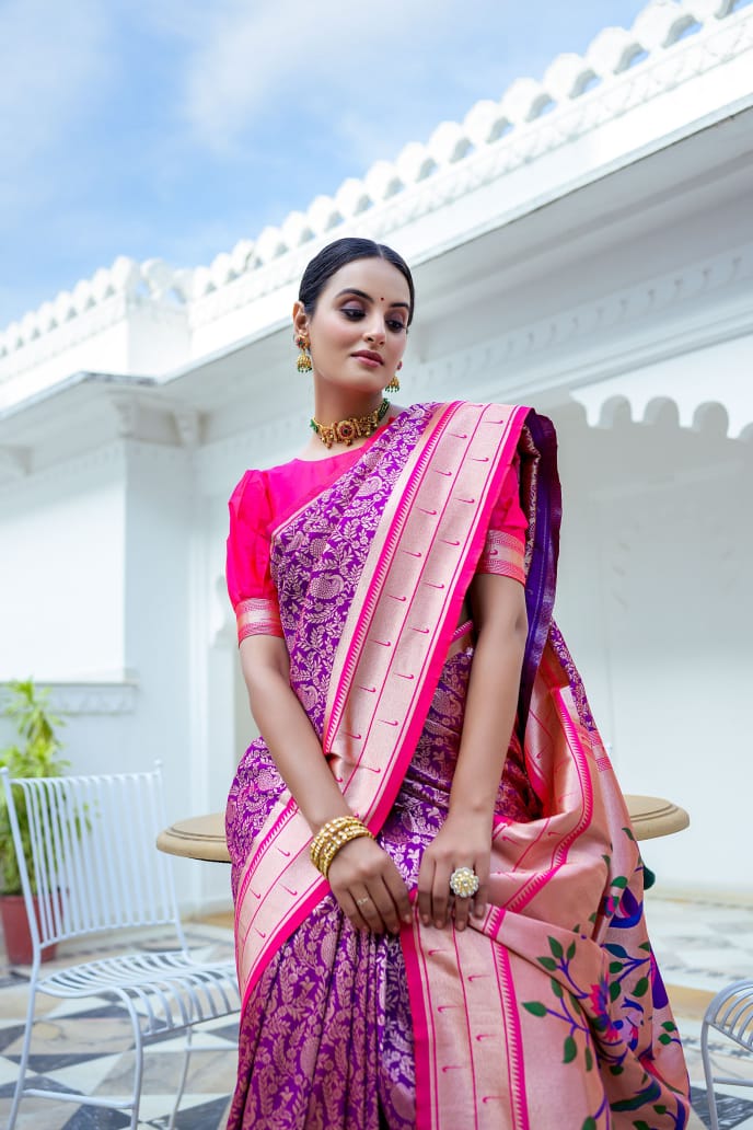 Royal Purple Soft Kanjivaram Silk Saree with Pink Contrast Border & Rich Paithani Peacock Pallu