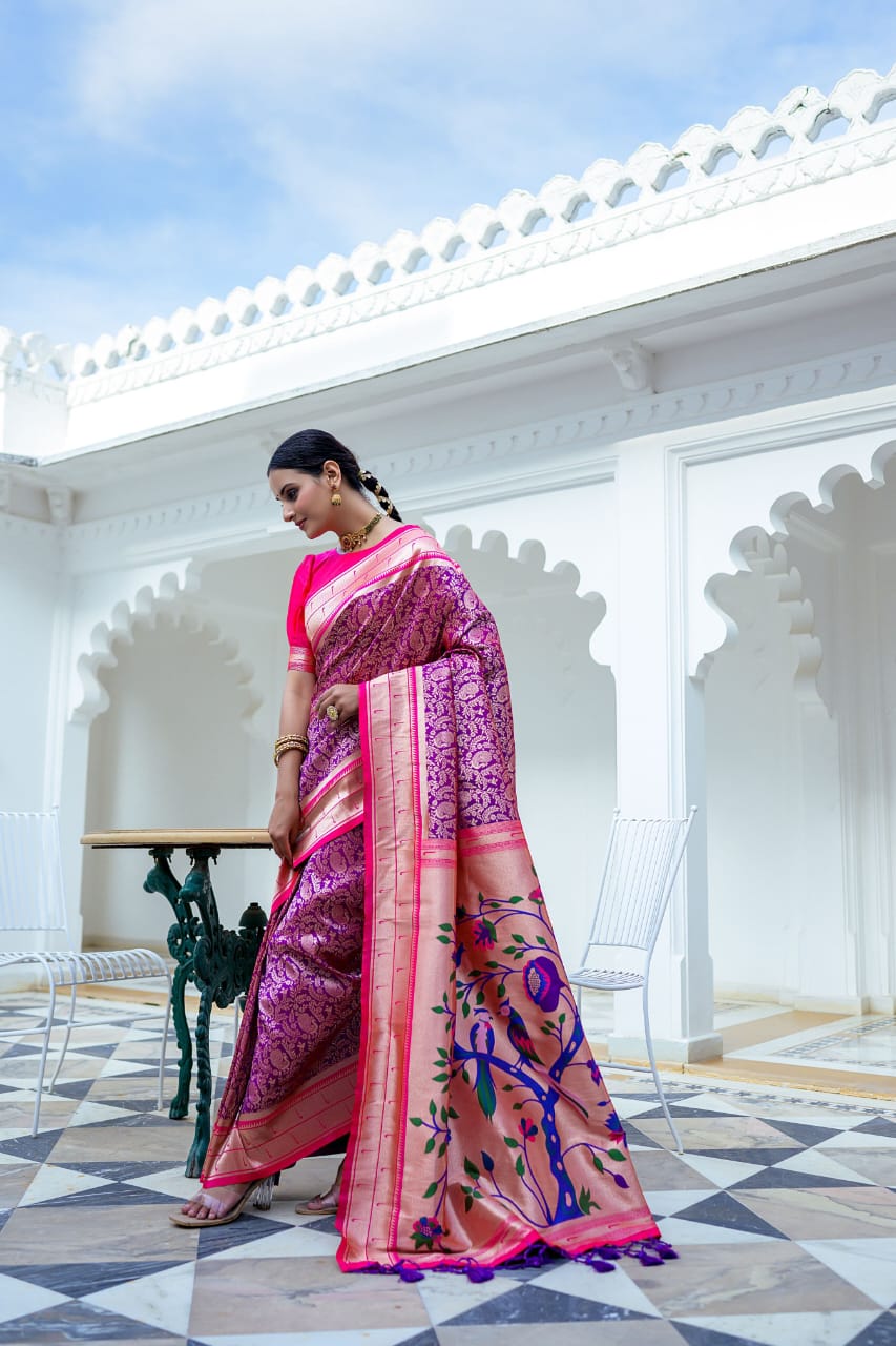 Royal Purple Soft Kanjivaram Silk Saree with Pink Contrast Border & Rich Paithani Peacock Pallu